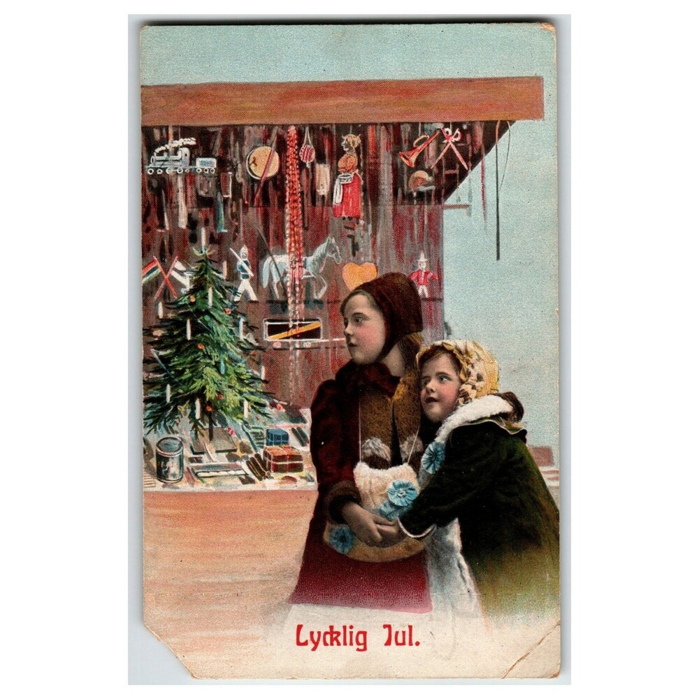 Lycklig Jul! Girls Christmas Toy Shop Window Antique Postcard Fredrik Peterson